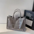 Clear PVC kraft paper tote bag large capacity womens commuter handbag casual minimalist daily use. - Gray