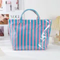 Blue and pink vertical striped PVC tote bag, trendy color block transparent handbag. - Striped Blue Pink