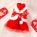 Red pet princess dress with white plush trim and fluffy skirt for small dogs cats winter variant. - S (Recommended weight 1.5-2.5kg) / Palace Style Tang Suit Pet Dress