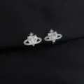 Detailed view of silver heart orb zirconia clip-on earrings, elegant diamond paved design. - Zirconia Saturn Heart (W415)