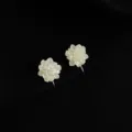 White rose clip-on earrings for women, non-pierced flower design elegant jewelry detail view. - Double Layer Clip-On Earrings / White Camellia