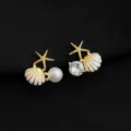 Asymmetrische vergoldete Seestern Muschel Perle und Zirkon Clip-Ohrringe fuer Damen Mode Stil. - Asymmetrischer Ozean Seestern Muschel Stil