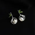 Exquisite bamboo pearl earrings for women, chic green enamel design and sparkling crystal detail. - Double Layer Clip-On Earrings / Bamboo Leaf Panda