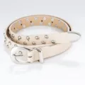 Vue de détail d'une ceinture cloutée pour femme, cuir PU beige à double rivet. - 100cm / Beige Clair
