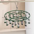 Stainless steel sock drying rack with multiple clips, 360 degree rotatable laundry hanger. - Round 24 Clips / Luxury Green