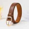 Close-up of brown leather belt with golden pin buckle, stylish detail shot for daily wear. - Brown