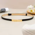 Détail de ceinture fine pour femme, boucle dorée élégante pour robes et tenues stylées. - Noir