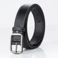 Ceinture noire élégante pour homme en cuir avec boucle ardillon classique et surpiqûres. - 110 cm (Largeur 3,3 cm) / Noir (Fil de soie)