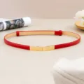 Vue détaillée de la fine ceinture rouge pour femme avec boucle dorée élégante, accessorio. - Rouge