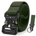 Military tactical nylon belt with metal quick release buckle and keychain in green color - Green