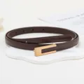 Gros plan d'une fine ceinture en cuir marron foncé avec boucle métallique dorée, vue détaillée. - 1,4 cm de large, 105 cm de long / Café