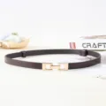 Ceinture fine en cuir marron avec boucle métallique dorée, accessoire élégant pour robes. - Café