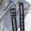 Women fashion casual canvas belt with striped design, black metal buckle and leather trim. - Dark Blue