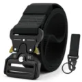 Black tactical belt with metal quick-release buckle, durable nylon webbing for outdoor sports. - Black