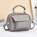 Grey leather crossbody bag for women, multi-compartment casual shoulder handbag with top handle. - Gray