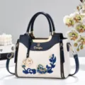 Chic contrast embroidered handbag tote shoulder bag with metallic handle and flower motif. - Peony - Sapphire Blue