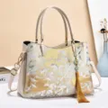 Chinese style embroidered crane women handbag vintage tote bag elegant shoulder bag daily use - Silk Brocade — Cloud and Crane White