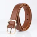 Brown women leather belt detail, classic gold rectangular metal buckle, premium texture close up - Style 3 / 2.8cm Wide / Brown