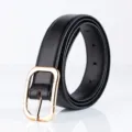 Black leather belt detail showcasing the classic golden metal buckle and fine stitching texture. - Style 3 / 2.8cm Wide / Black