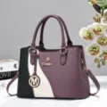 Elegant color-block tote bag, large capacity soft leather shoulder bag with metal hardware for daily use. - Purple