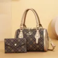 Classic brown monogram leather handbag and wallet set, elegant vintage boston pillow bag. - Gold + Small Bag