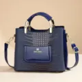 Blue patent leather handbag with crocodile pattern, gold hardware and shoulder strap for women. - Sapphire Blue