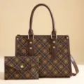 Women brown monogram tote bag large capacity commuter shoulder handbag with matching pouch - Shoulder Bag Set / Coffee