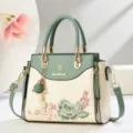 Green and white embroidered women handbag, elegant PU leather shoulder bag with floral pattern. - Green (Pendant Style)