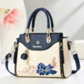 Blue and beige women handbag with elegant Chinese floral embroidery, top handle and strap. - Blue (with Pendant)