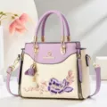 Elegant embroidered women handbag purple cream tote bag stylish shoulder bag with floral pattern - Purple (with Pendant)