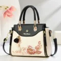 Elegant embroidered women handbag contrast color tote bag with detachable shoulder strap - Black (Pendant Style)