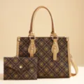 Stylish brown monogram tote bag and matching clutch set for women, premium daily commuter bag. - Shoulder Bag Set / Gold