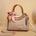 Elegant peony embroidered women handbag with silk scarf, stylish crossbody tote bag. - Embroidered-Khaki
