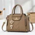 Stylish brown leather women handbag retro shoulder crossbody tote bag with chic pearls charm. - Khaki