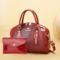 Ensemble de sac à main rouge brillant effet croco, grand sac fourre-tout avec pochette assortie. - Avec Petite Pochette / Bordeaux