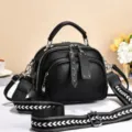 Fashion women's black leather shoulder bag with wide strap, casual crossbody daily commute. - Rivet Zipper / Black