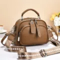 Brown leather crossbody bag for women, stylish multi-zipper shoulder bag with wide strap. - Rivet Zipper / Brown