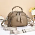 Chic khaki women crossbody bag with wide patterned strap, multi-zipper casual daily handbag. - Rivet Zipper / Khaki