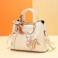 Beige women handbag floral embroidery shoulder crossbody bag with stylish silk scarf decor - Squirrel Azalea - Beige