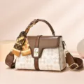 Stylish women's checkered top-handle shoulder bag with chic scarf and metal lock design. - Square Pattern - Coffee and Off-white Patchwork