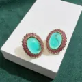 Pendientes ovalados de lujo con piedra central verde y halo de circonita rosa principal - Ovalado Piedra Verde Strass / Verde