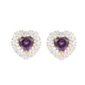 Pendientes de boton de corazon purpura elegante con circonitas blancas brillantes. - Dorado