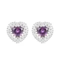 Pendientes de botón con corazón morado y halo de circonitas en variante plateada. - Plateado