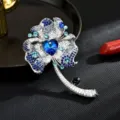 Elegant blue crystal flower brooch for women, luxury fashion corsage pin accessory. - Blue