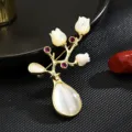 Vintage vase shape shell flower cat eye stone brooch for women elegant retro corsage pin jewelry - Vintage Vase Brooch