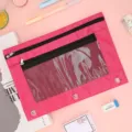 Trousse à crayons à 3 trous en tissu Oxford sac de documents grand format pochette en maille - 25x18cm / Rose rouge