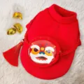 Bonito jersey de invierno rojo para perro con bolsillo de danza de león, ropa cálida. - Mochila de león / XS (Peso recomendado 0,5-1,5 kg)