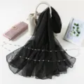 Elegant black chiffon silk scarf with pearl chain, perfect for summer sun protection. - Black