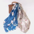 Elegant 90cm silk scarf with floral print, versatile luxury fashion accessory for women. - Two-Tone Blue and Beige Magnolia