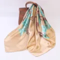 Silk square scarf floral print elegant satin neckerchief vintage shawl for women - Beige and Camel Lily